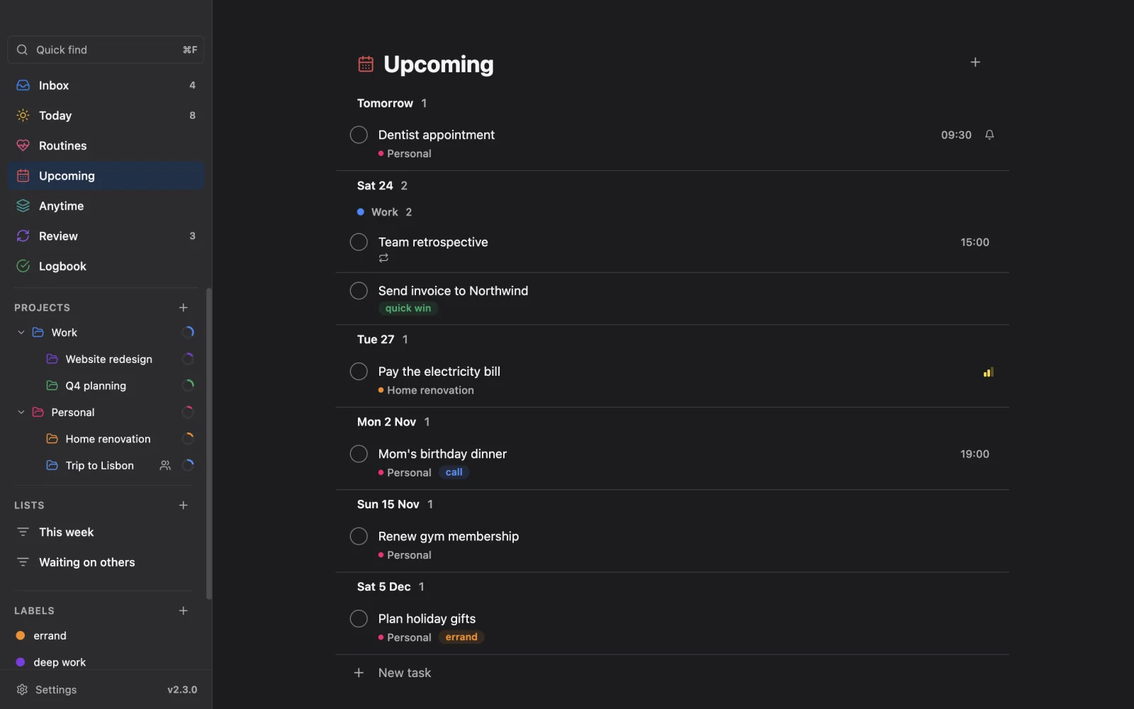 Upcoming in dark mode.